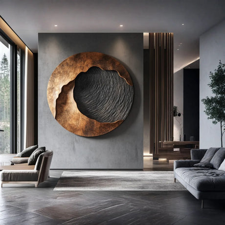 Handcrafted Solid Wood Wall Sculpture with Abstract Circular Relief Form
