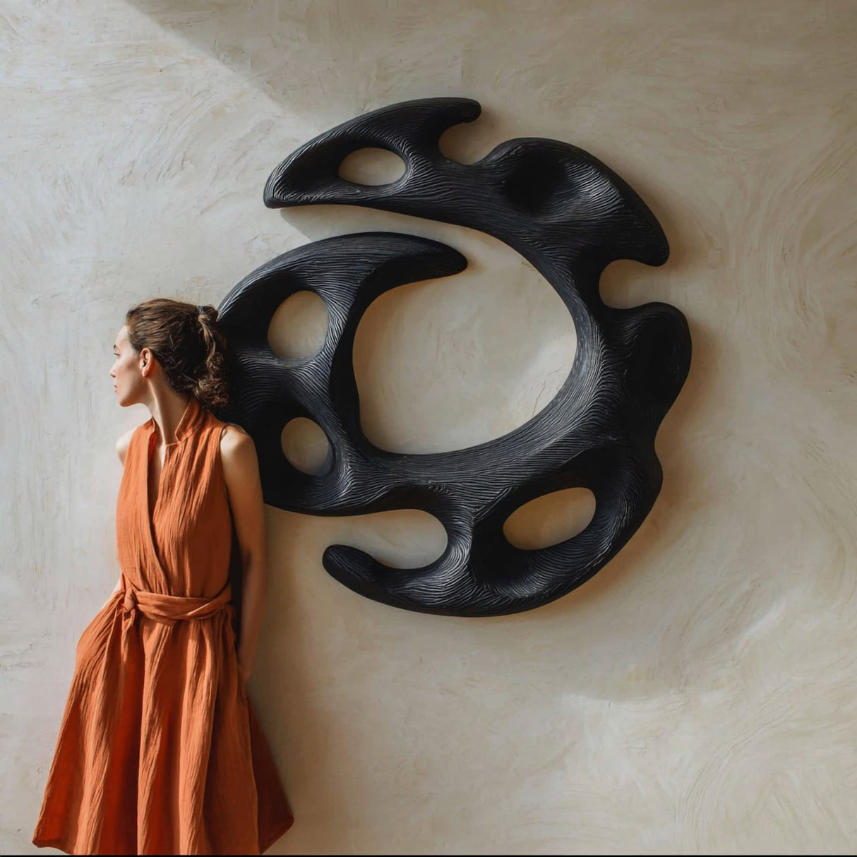 Handcrafted Solid Wood Wall Sculpture with Organic Open Circular Form