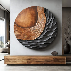 Handcrafted Solid Wood Wall Art with Circular Relief and Flowing Wave Design