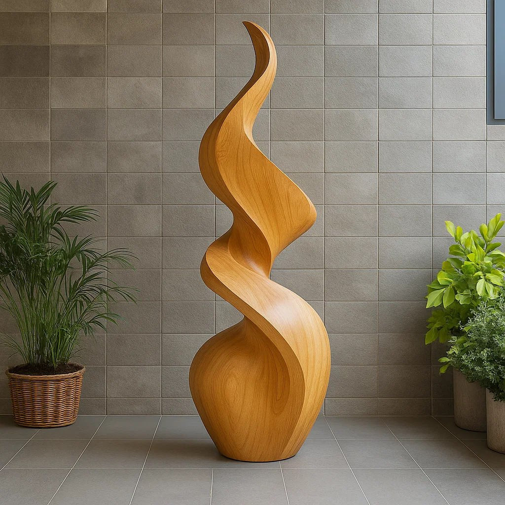 Handcrafted Solid Wood Floor Sculpture with Twisting Flame Form