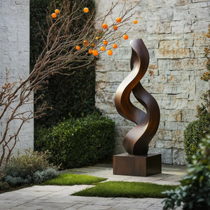 Handcrafted Solid Wood Outdoor Sculpture with Twisting Ribbon Form