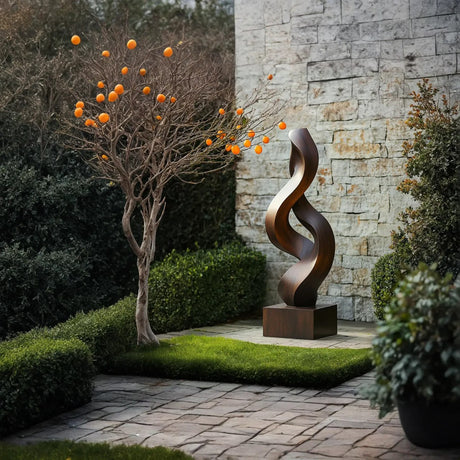 Handcrafted Solid Wood Outdoor Sculpture with Twisting Ribbon Form