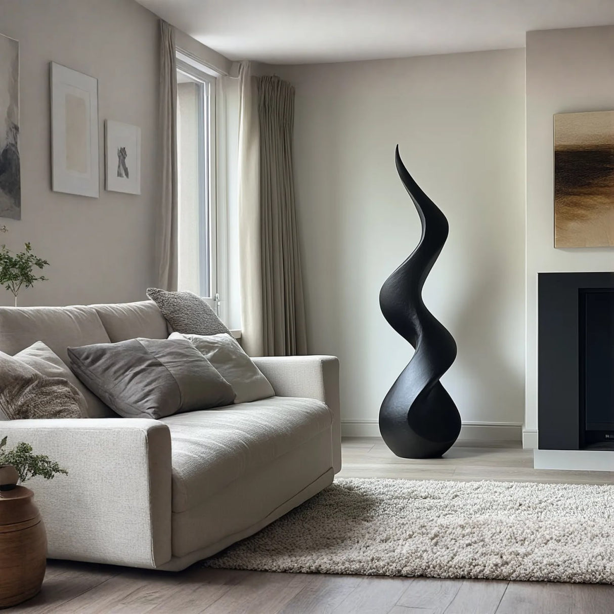 Abstract Solid Wood Floor Sculpture with Flowing Flame Silhouette