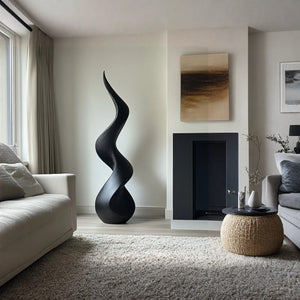Abstract Solid Wood Floor Sculpture with Flowing Flame Silhouette