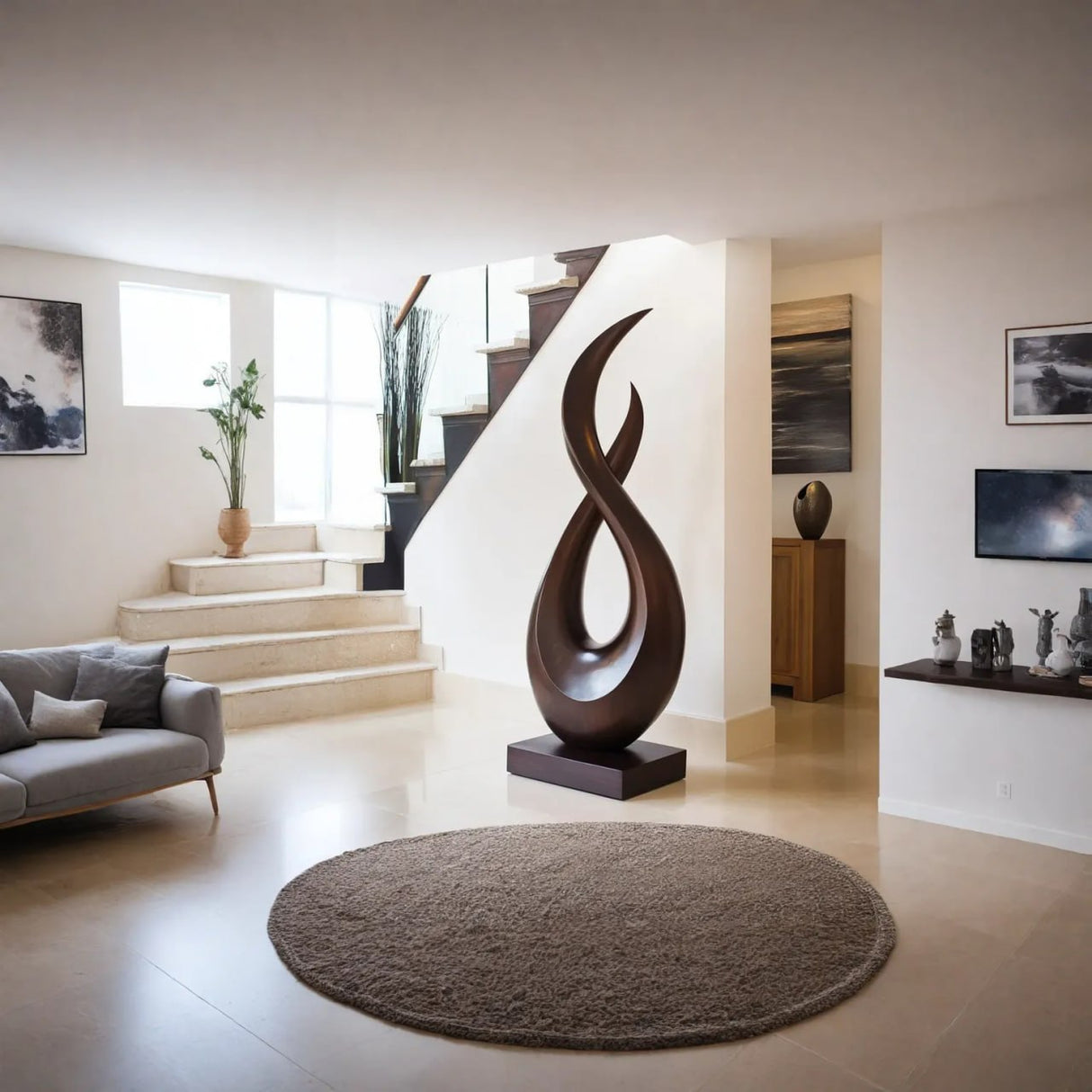 Handcrafted Solid Wood Floor Sculpture with Intertwined Teardrop Form