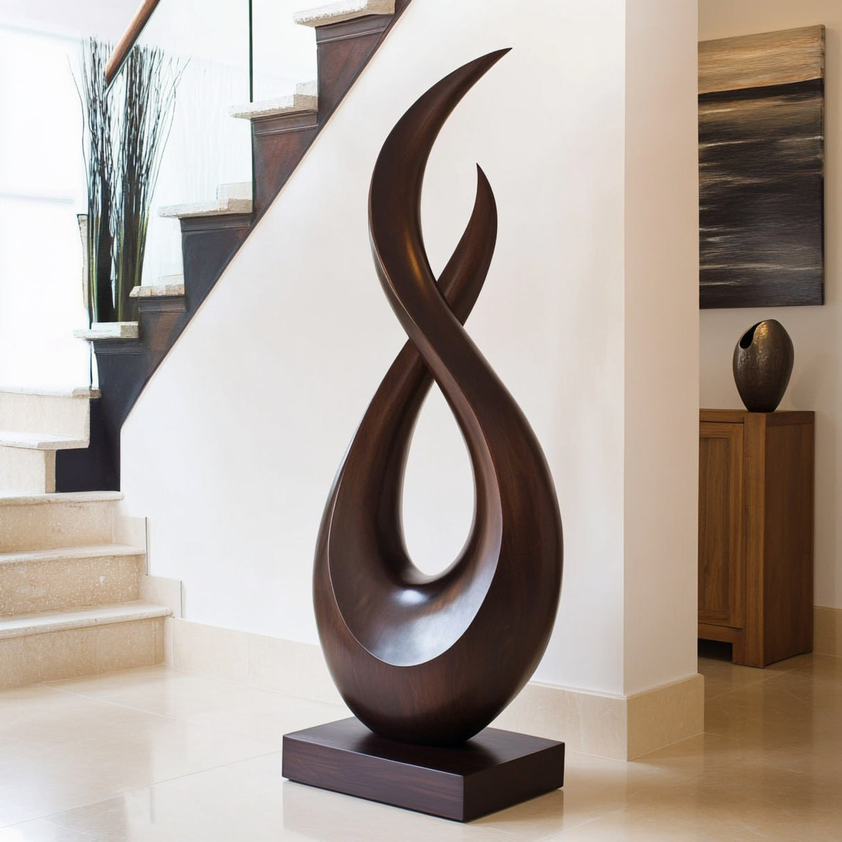 Handcrafted Solid Wood Floor Sculpture with Intertwined Teardrop Form