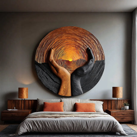 Solid Wood Wall Art with Protective Hands and Rising Sun Relief