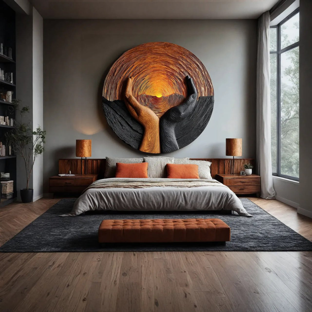 Solid Wood Wall Art with Protective Hands and Rising Sun Relief