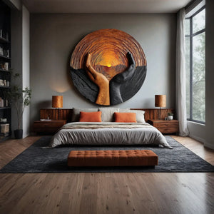 Solid Wood Wall Art with Protective Hands and Rising Sun Relief