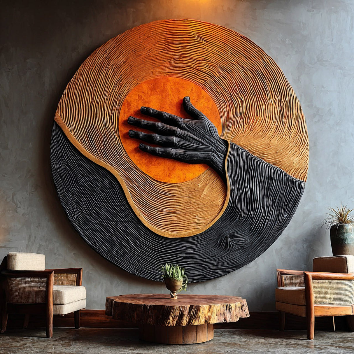 Handcrafted Solid Wood Wall Sculpture with Circular Relief and Expressive Hand Motif