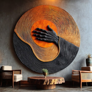 Handcrafted Solid Wood Wall Sculpture with Circular Relief and Expressive Hand Motif