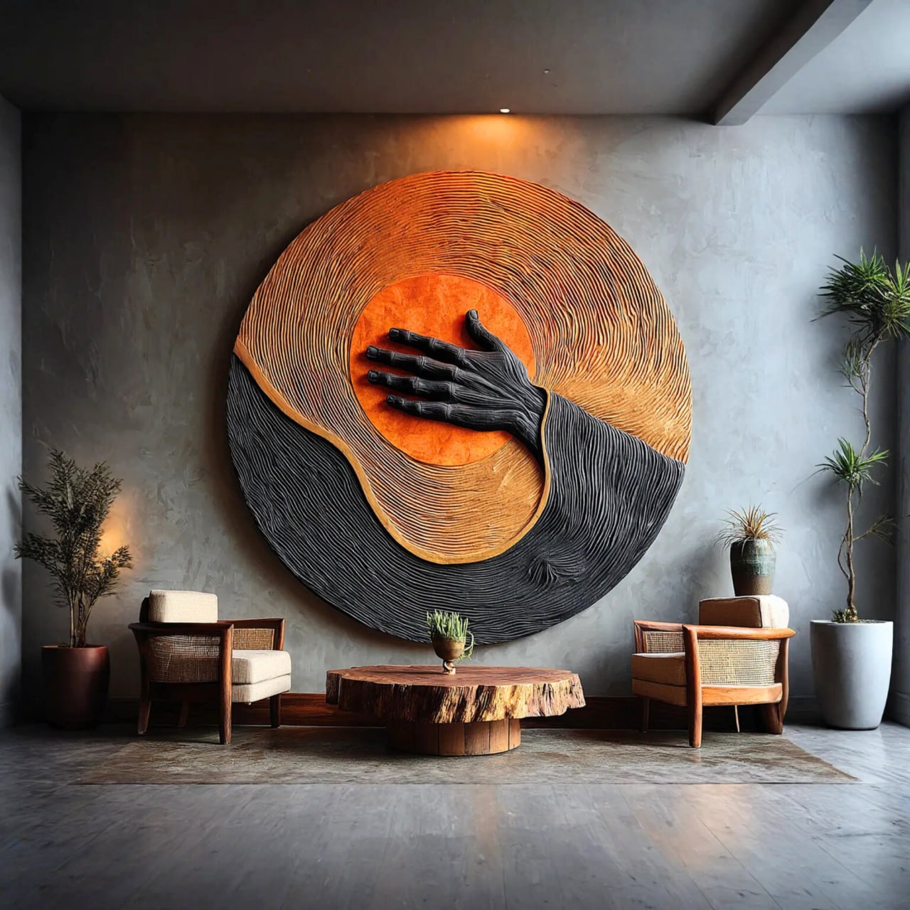 Handcrafted Solid Wood Wall Sculpture with Circular Relief and Expressive Hand Motif