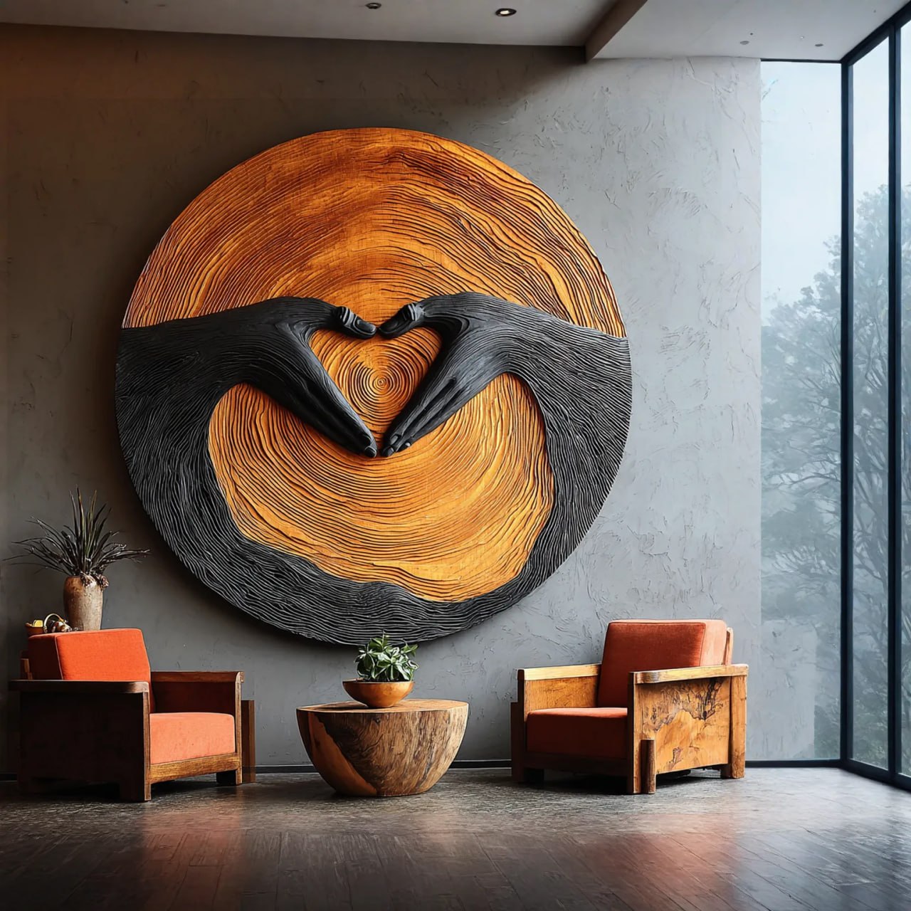 Solid Wood Wall Art with Heart Hands Relief Design