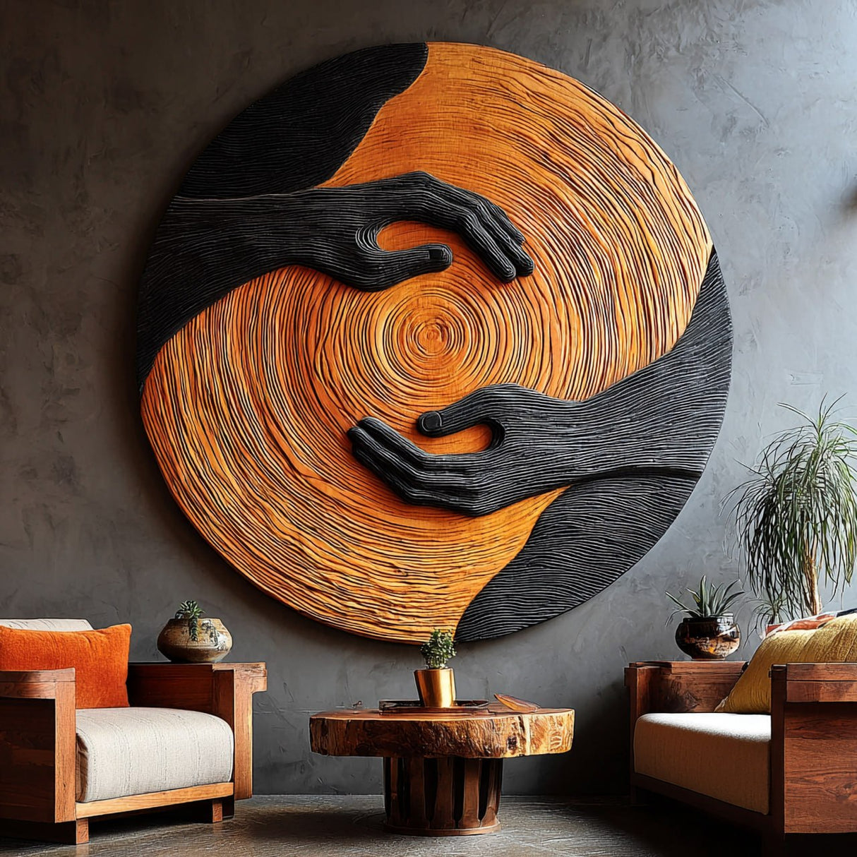 Solid Wood Wall Art with Embracing Hands Relief Design