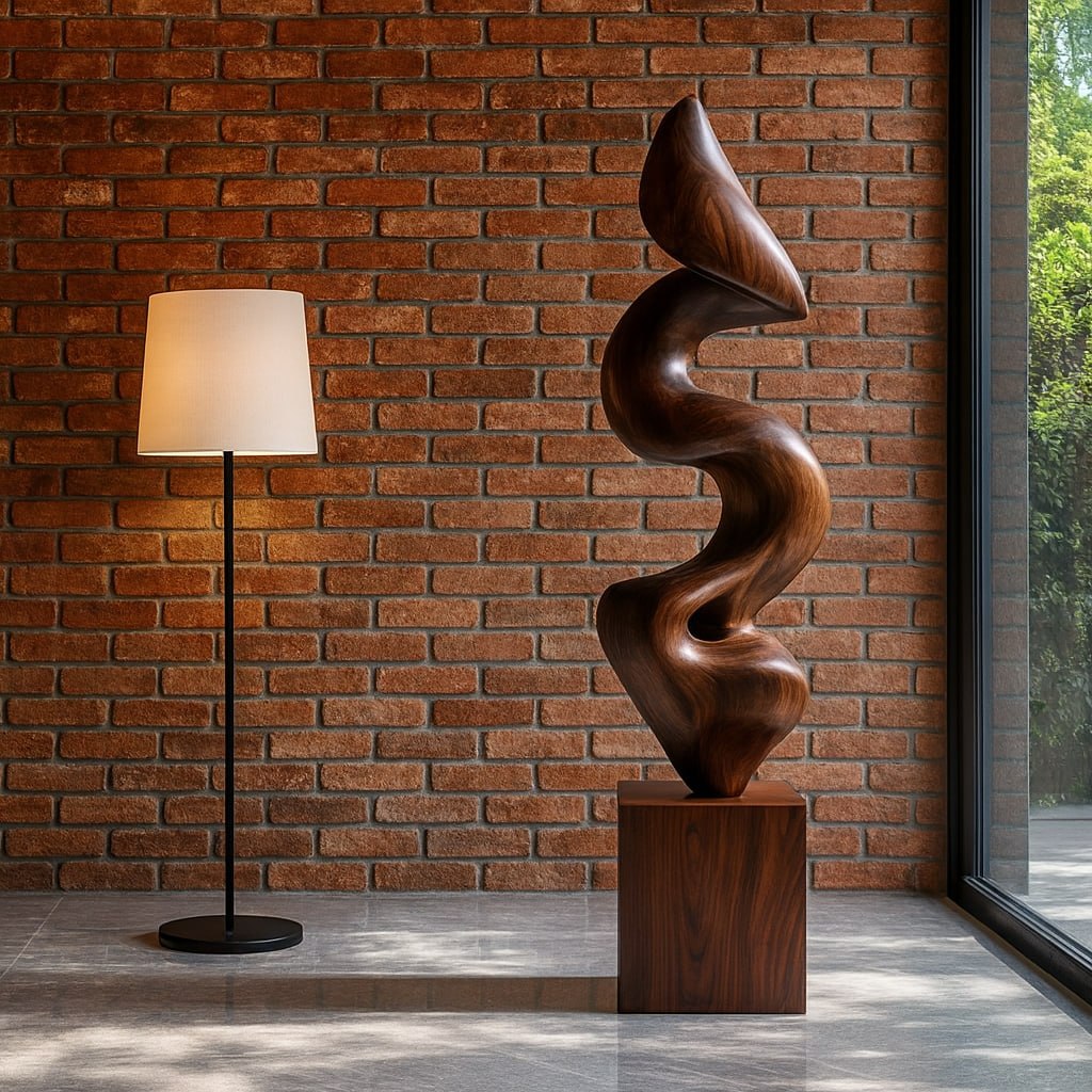Handcrafted Solid Wood Floor Sculpture with Flowing Vertical Ribbon Form