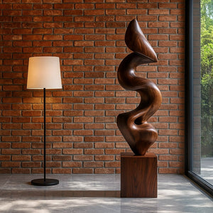 Handcrafted Solid Wood Floor Sculpture with Flowing Vertical Ribbon Form