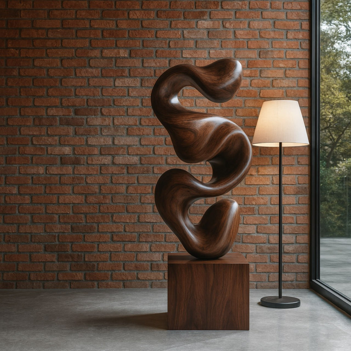 Abstract Solid Wood Floor Sculpture with Organic Stacked Flow Form