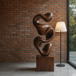 Abstract Solid Wood Floor Sculpture with Organic Stacked Flow Form