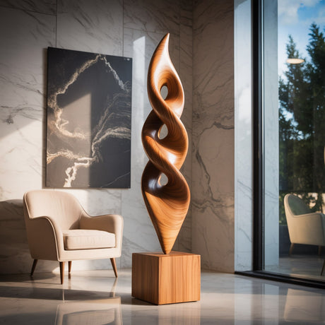 Handcrafted Solid Wood Floor Sculpture with Stacked Spiral Openings