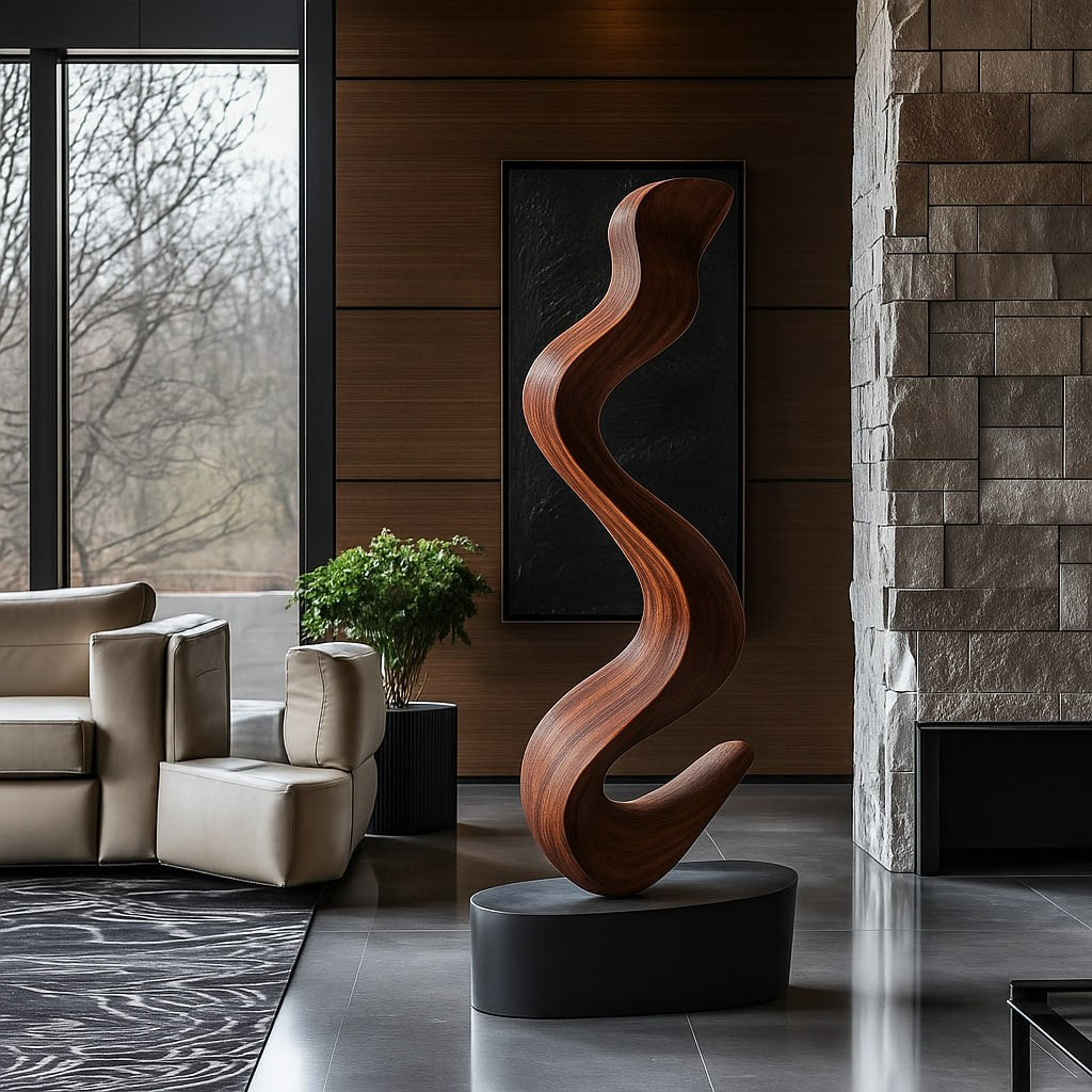Handcrafted Solid Wood Floor Sculpture with Flowing Organic Wave Form
