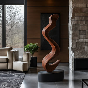Handcrafted Solid Wood Floor Sculpture with Flowing Organic Wave Form