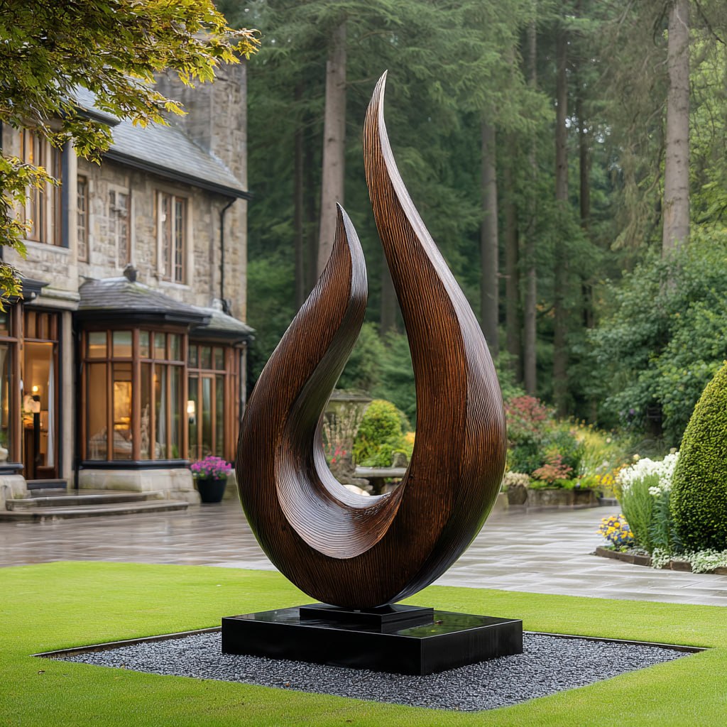 Monumental Solid Wood Garden Sculpture with Open Flame Form