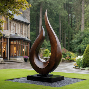 Monumental Solid Wood Garden Sculpture with Open Flame Form