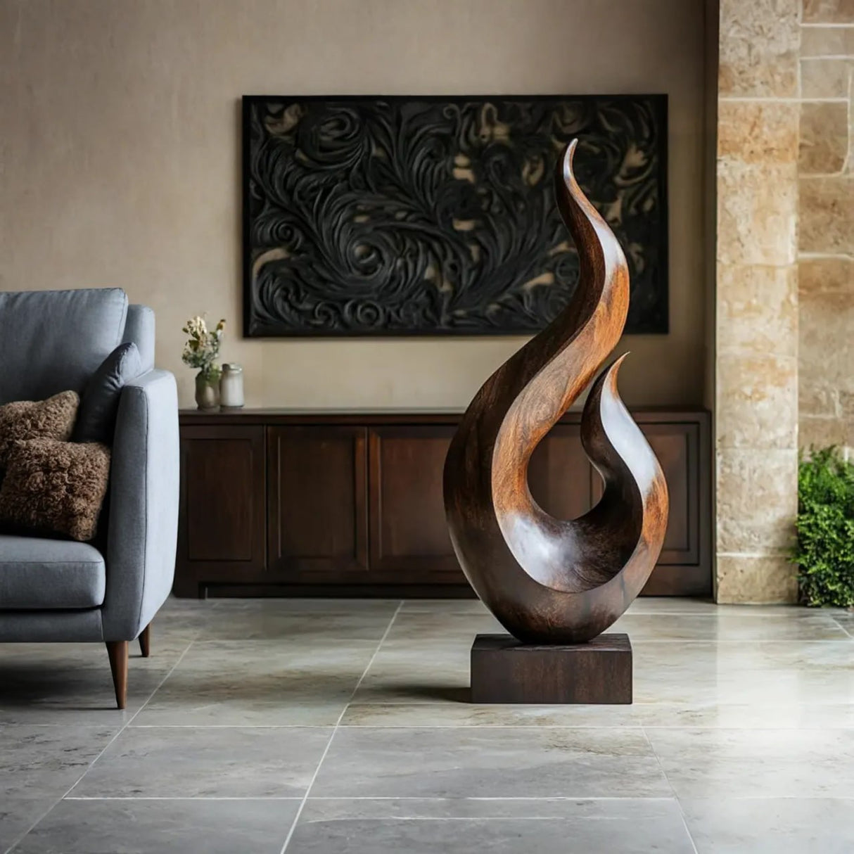 Handcrafted Solid Wood Twin Flame Floor Sculpture for Living Room Decor