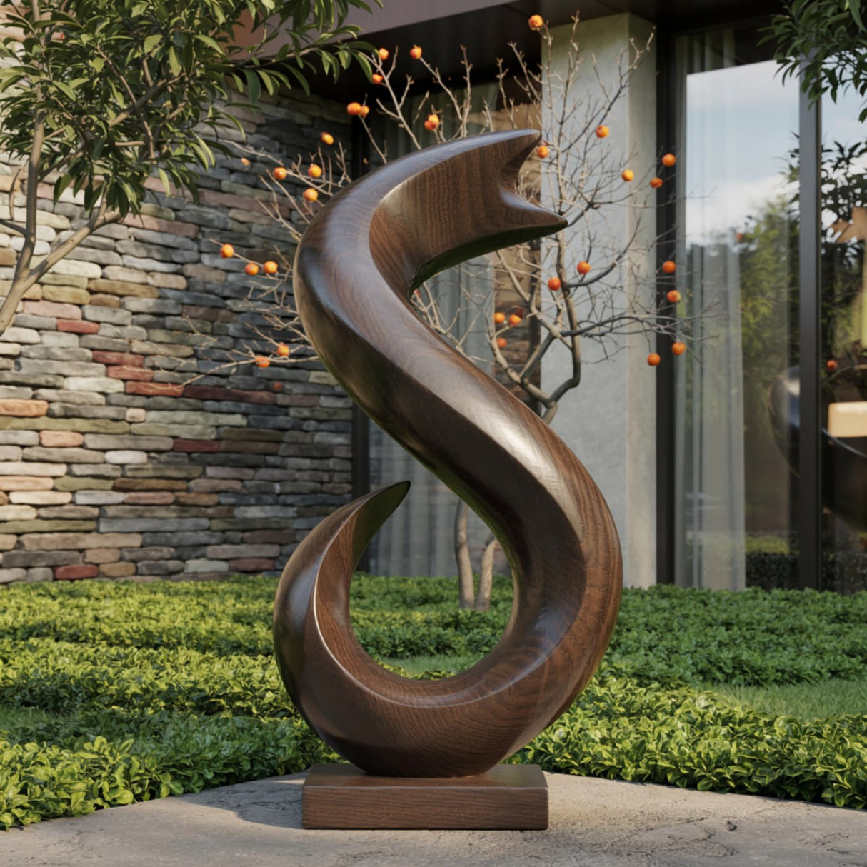 Handcrafted Solid Wood Flame Wave Sculpture for Garden and Entryway Decor