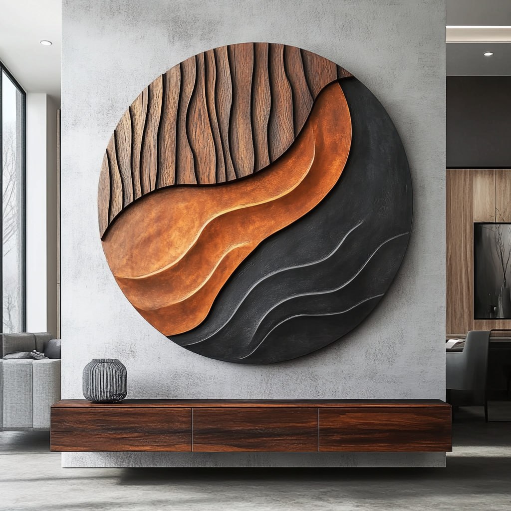 Solid Wood Round Wall Art with Layered Wave Relief for Living Room Decor