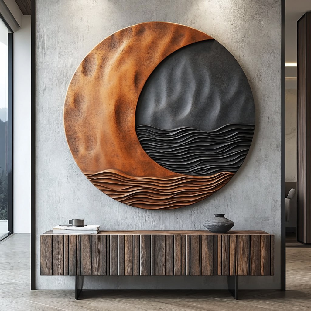 Solid Wood Circular Wall Sculpture with Crescent Wave Relief for Modern Interior Decor