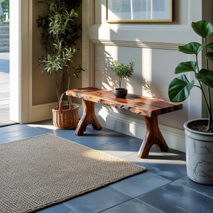 Live Edge Solid Wood Bench with Sculpted Legs for Modern Entryway