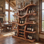 Freestanding Wine Rack Solid Wood with Branching Shelves for Home Bar