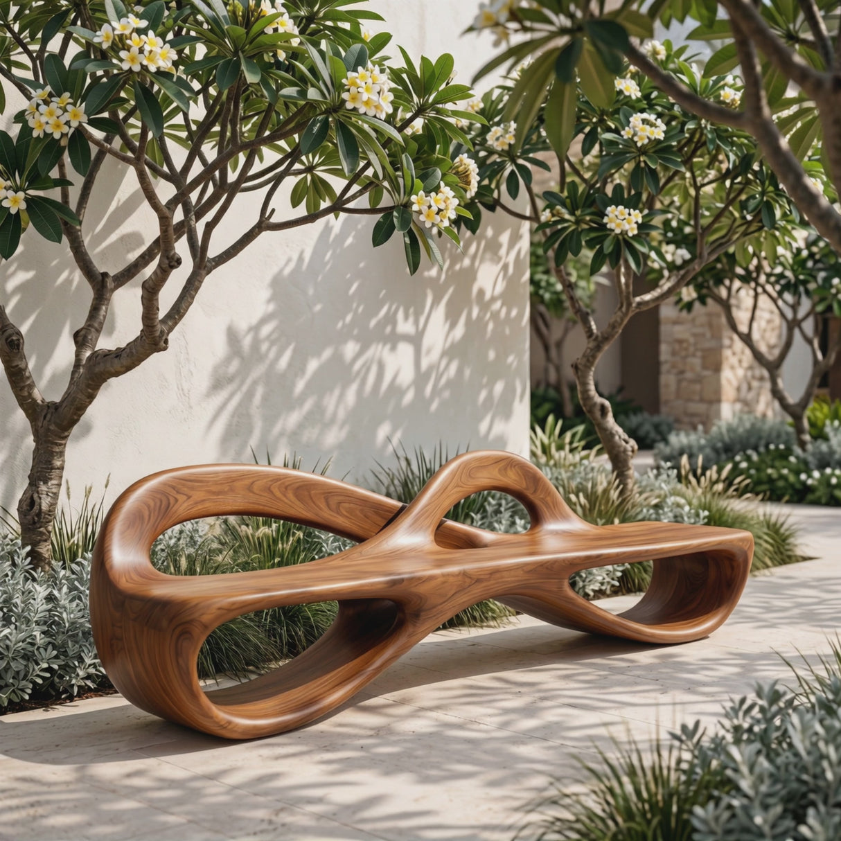 Solid Wood Garden Bench with Infinity Loop Sculptural Frame