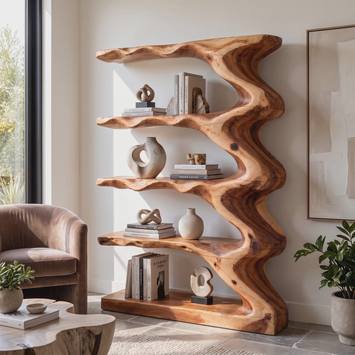Organic Solid Wood Bookcase with Flowing Wave Shelves and Sculptural Open Design