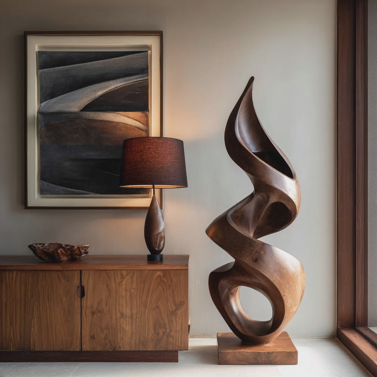 Contemporary Hand-Carved Solid Wood Flow Sculpture for Interior Art Spaces