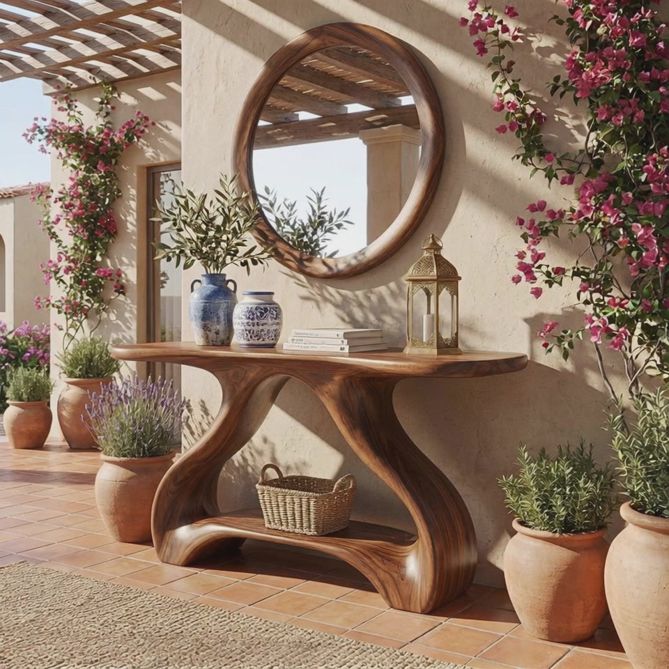 Organic Solid Wood Console Table with Sculptural Shelf Base