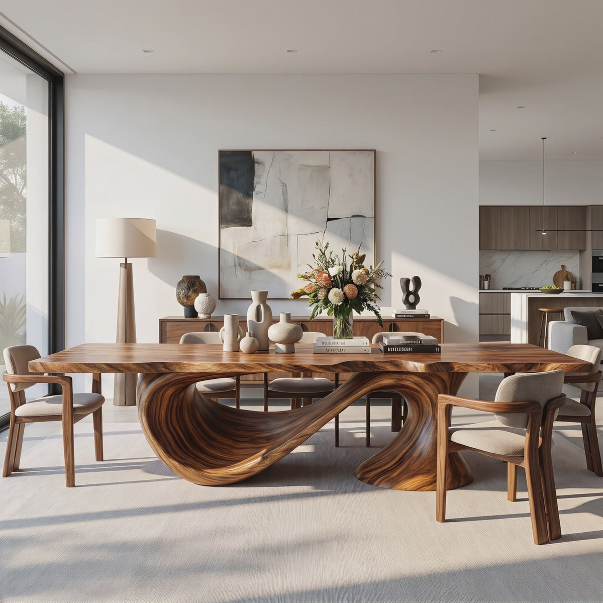 Dining Table with Sweeping Arc Base and Solid Wood Top