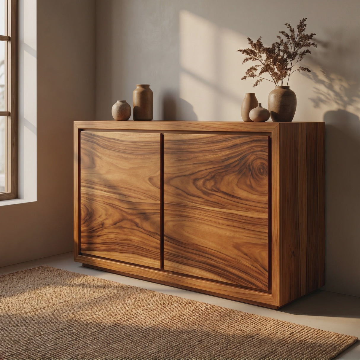 Solid Wood Minimal Sideboard Cabinet with Continuous Grain Doors