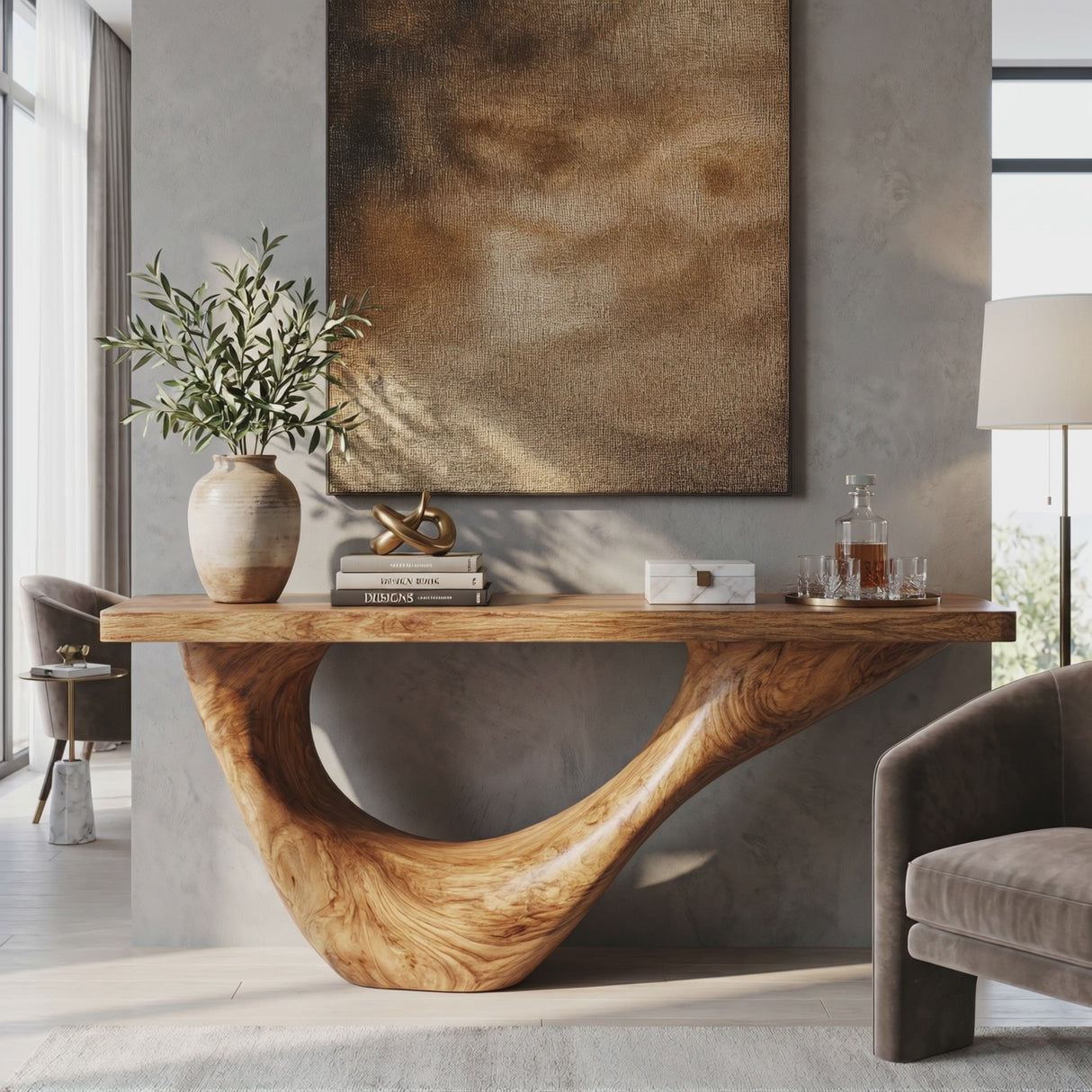 Console Table Solid Wood with Sweeping Open Crescent Base