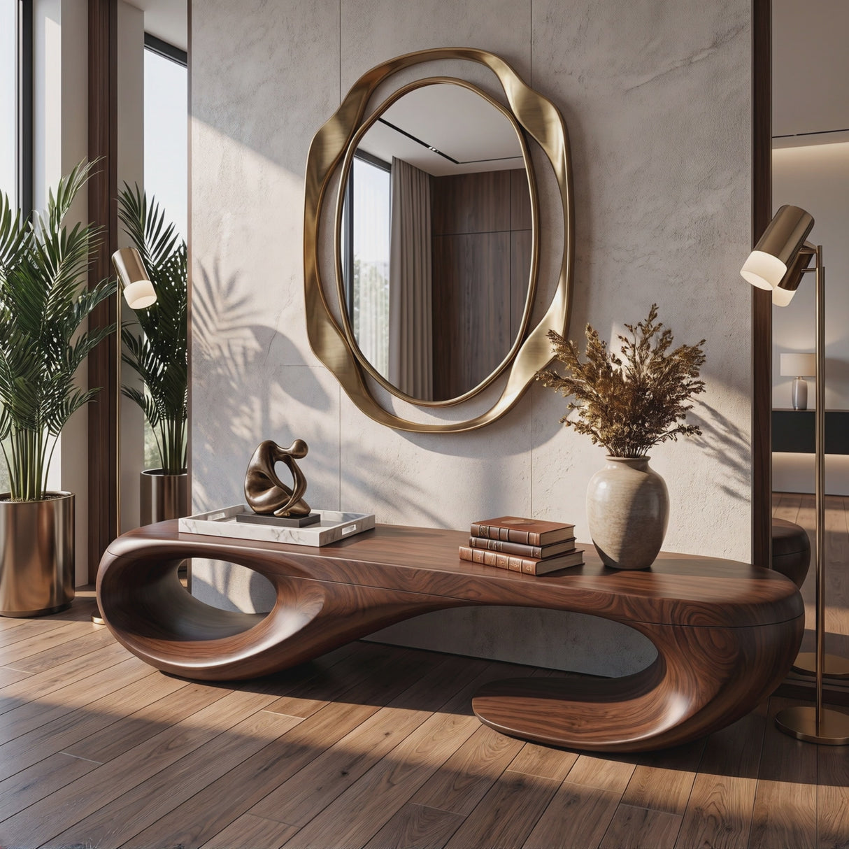 Organic Solid Wood Bench with Sculptural Double Loop Base for Modern Interiors