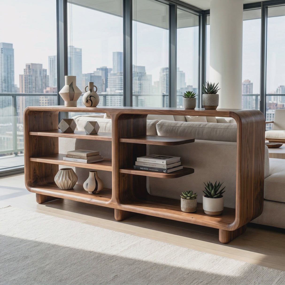 Solid Wood Rounded Console Sideboard with Open Display Shelves