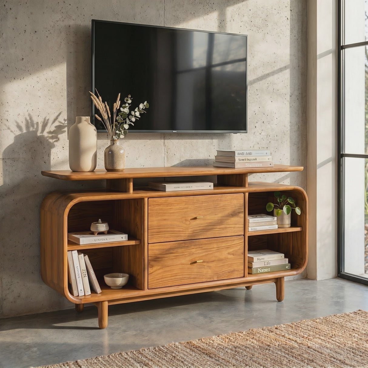 Handcrafted Solid Wood Raised Top Sideboard with Drawers and Open Shelves