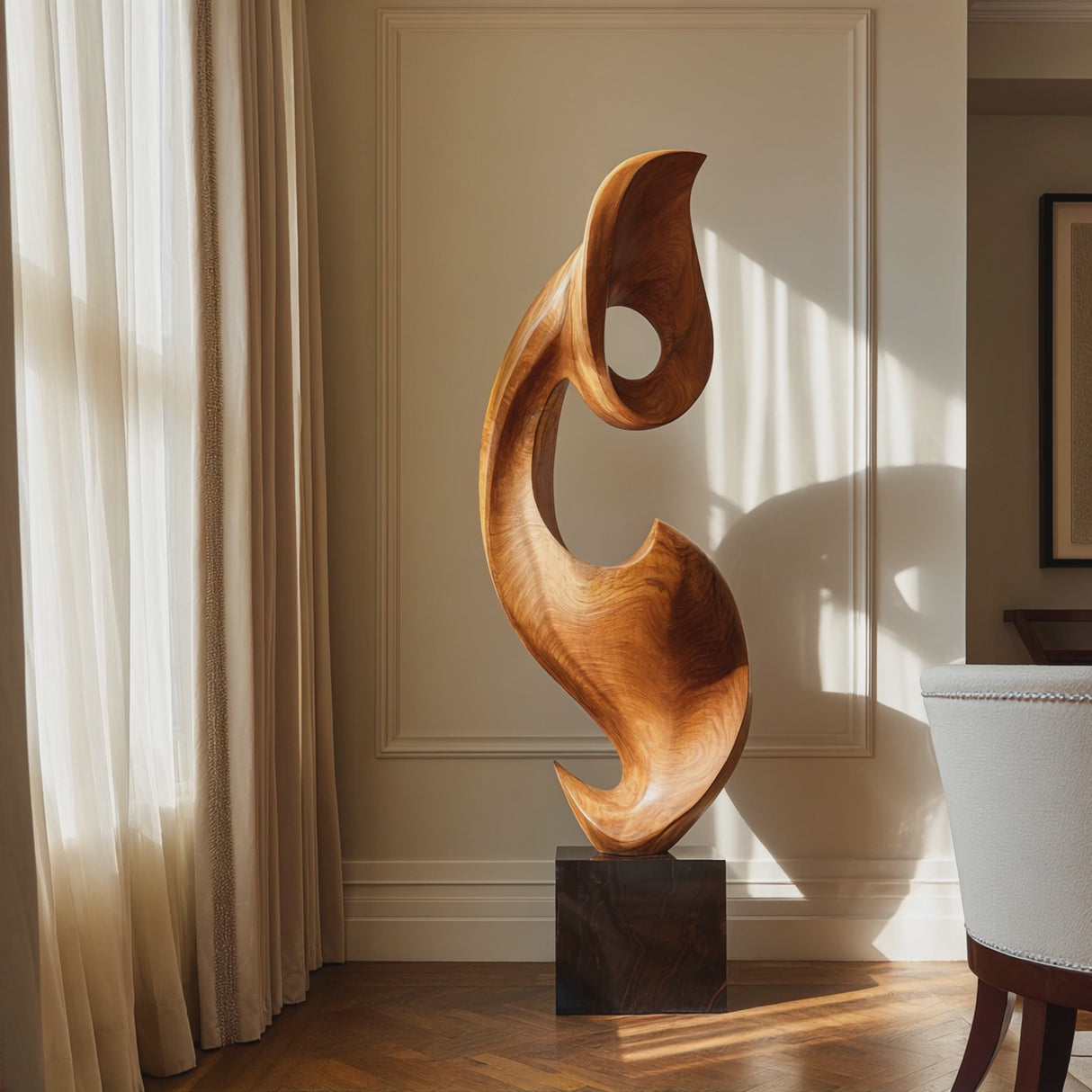 Tall Solid Wood Abstract Floor Sculpture with Plinth for Modern Interiors