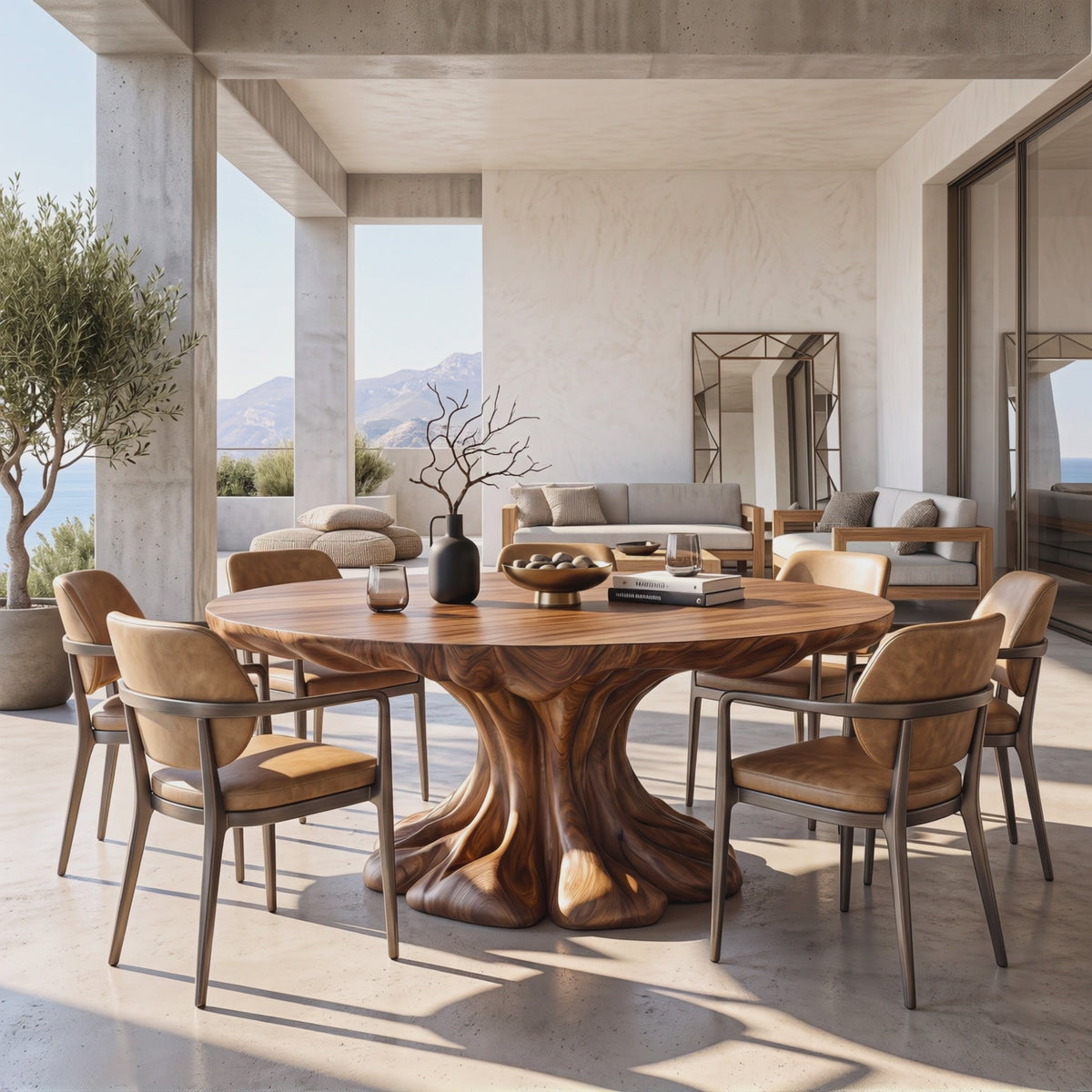 Dining Table with Branching Pedestal Base and Round Solid Wood Top