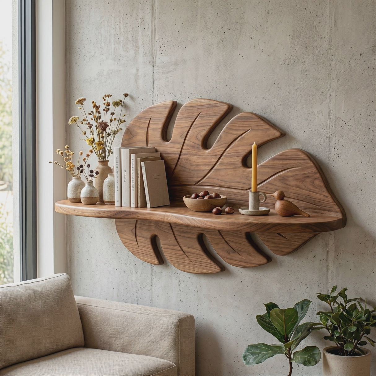 Hand Sculpted Solid Wood Tropical Leaf Wall Shelf with Display Ledge