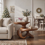 Sculptural Solid Wood Side Table with Two Tier Shelves and Organic Loop Base