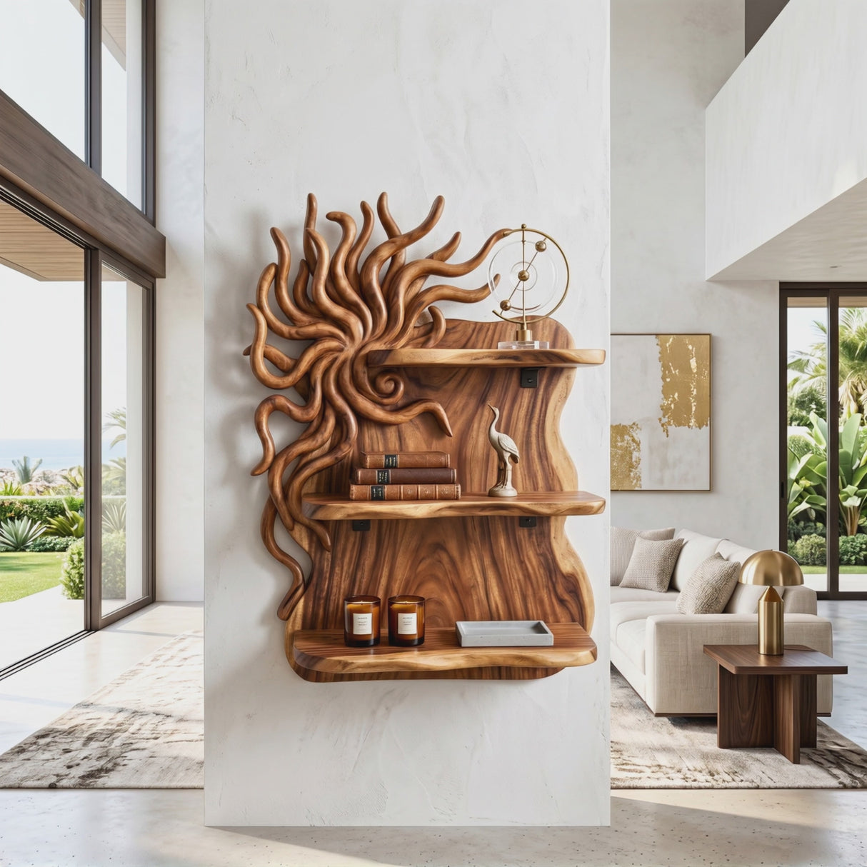 Organic Sunburst Wood Wall Shelf for Bathroom Storage