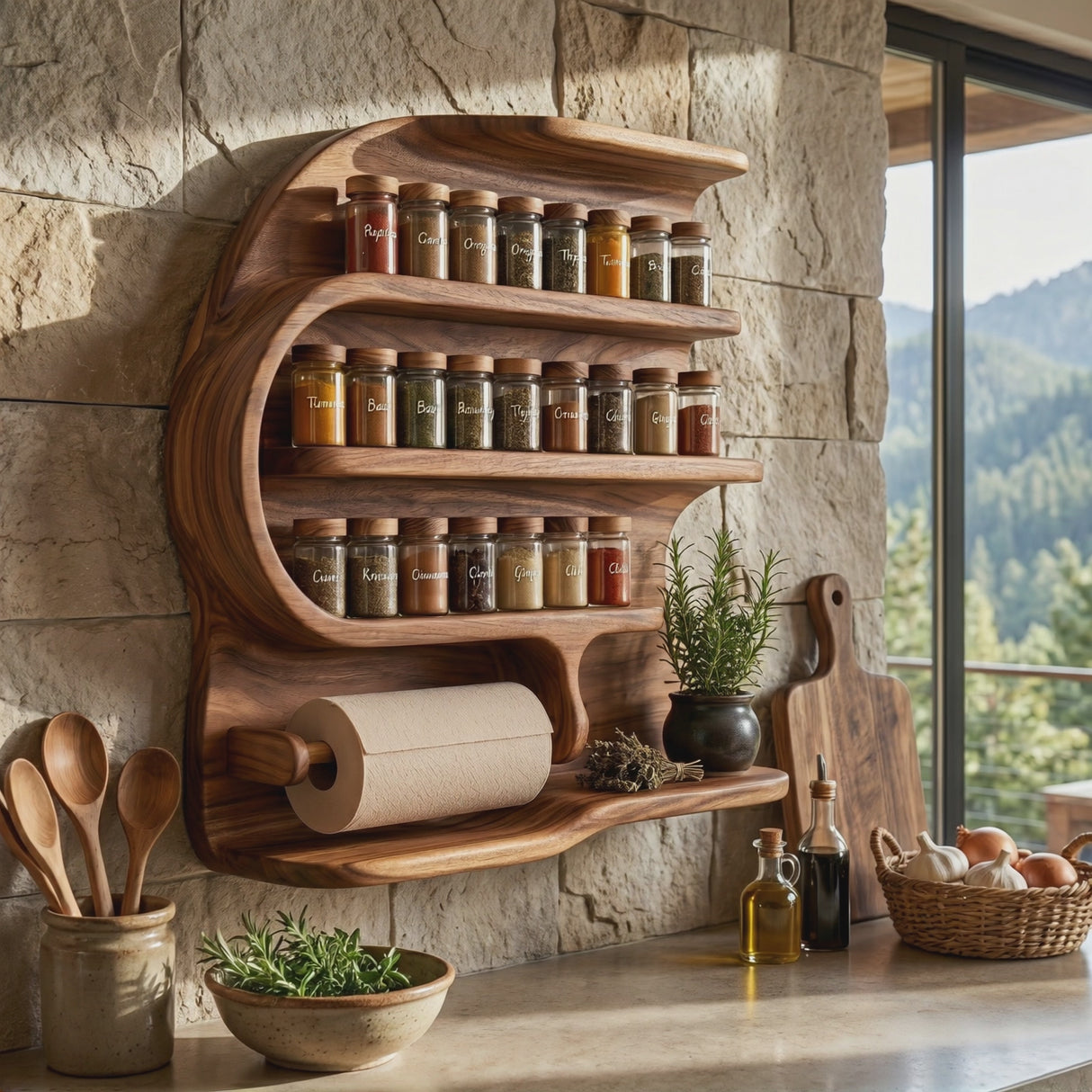 Sculptural Solid Wood Wall Spice Rack with Paper Towel Holder