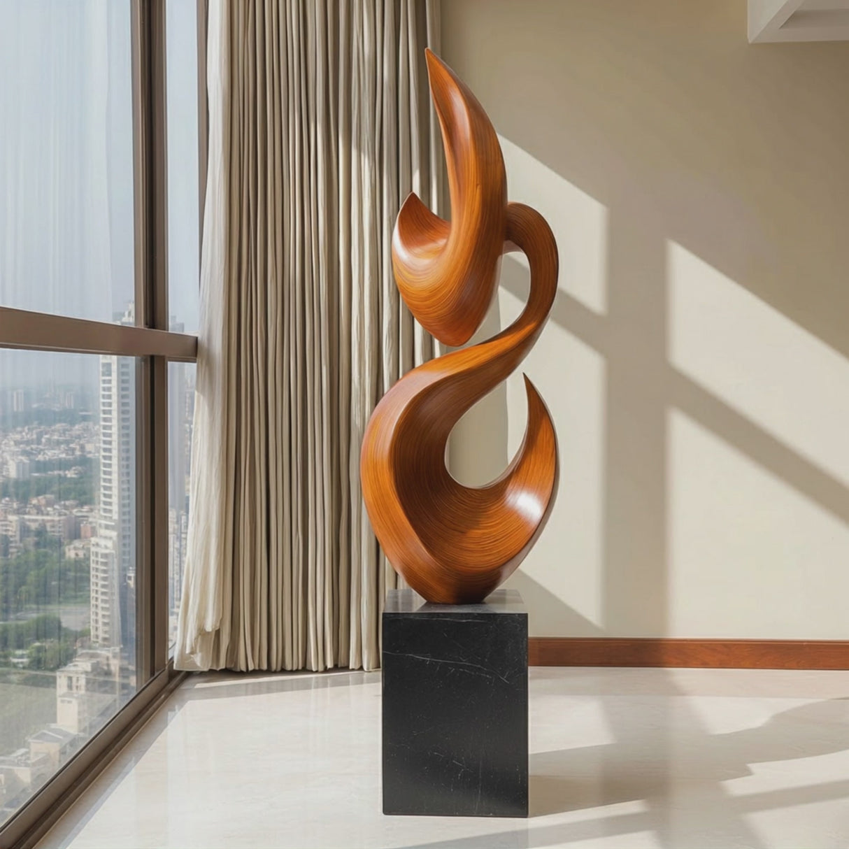Tall Solid Wood Flame Floor Sculpture with Plinth for Modern Living Rooms